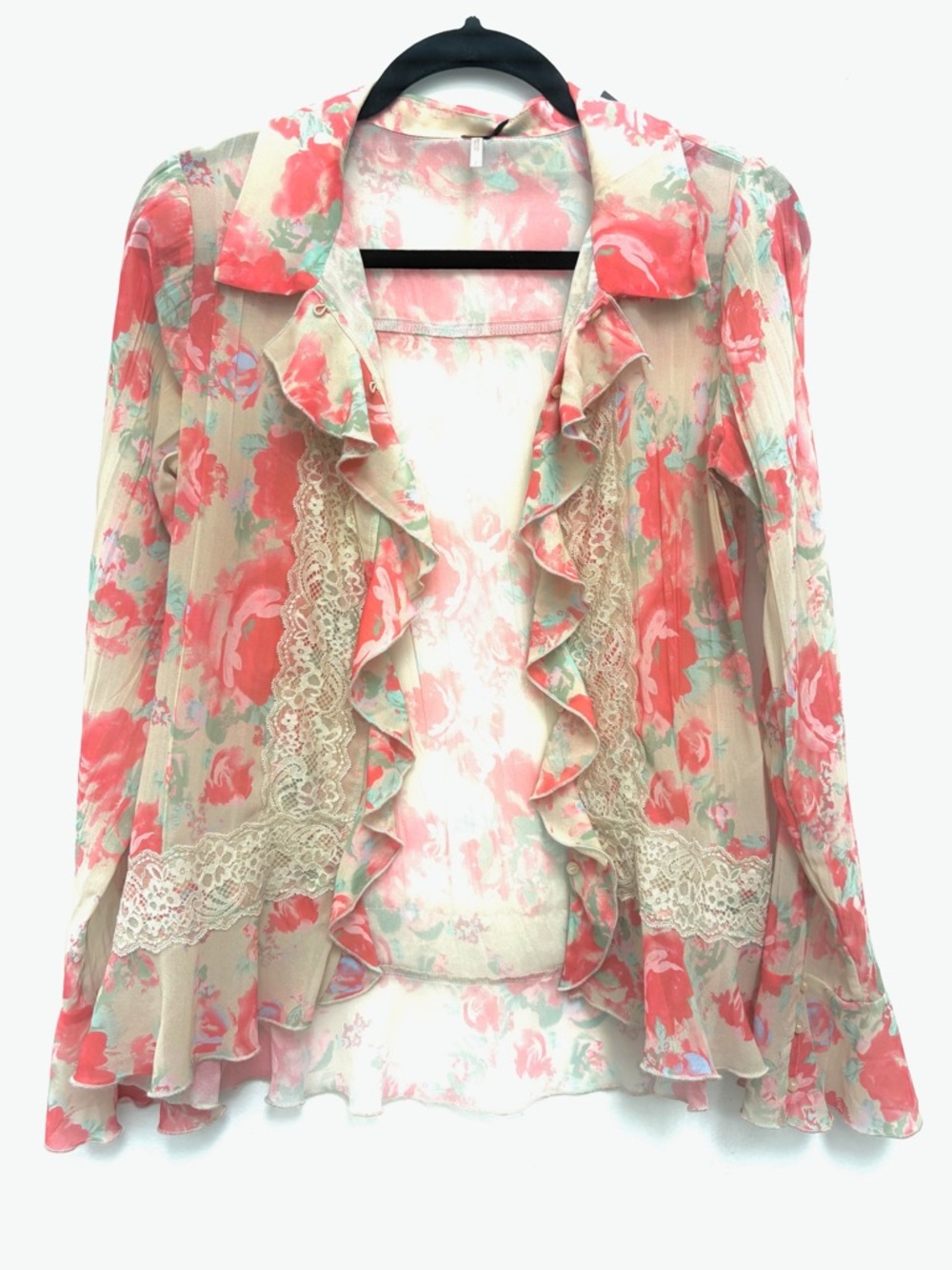 Free People Pink Multicolor Floral Ruffle Blouse Size S